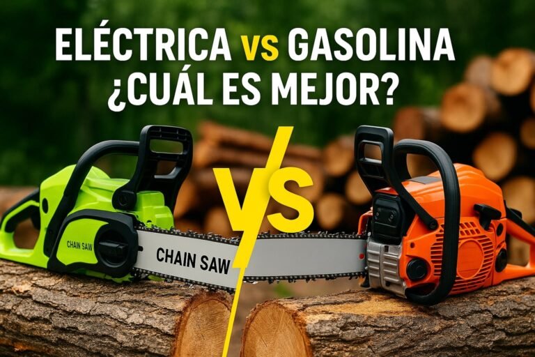 Comparativa visual entre motosierra eléctrica y gasolina con sus principales diferencias destacadas